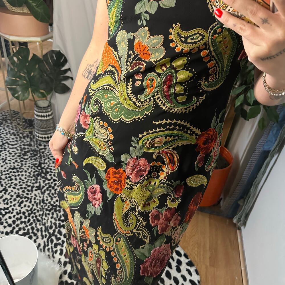 Vintage Floral Paisley Sequin Midi Sheath Dress Black Medium - Picture 4 of 7